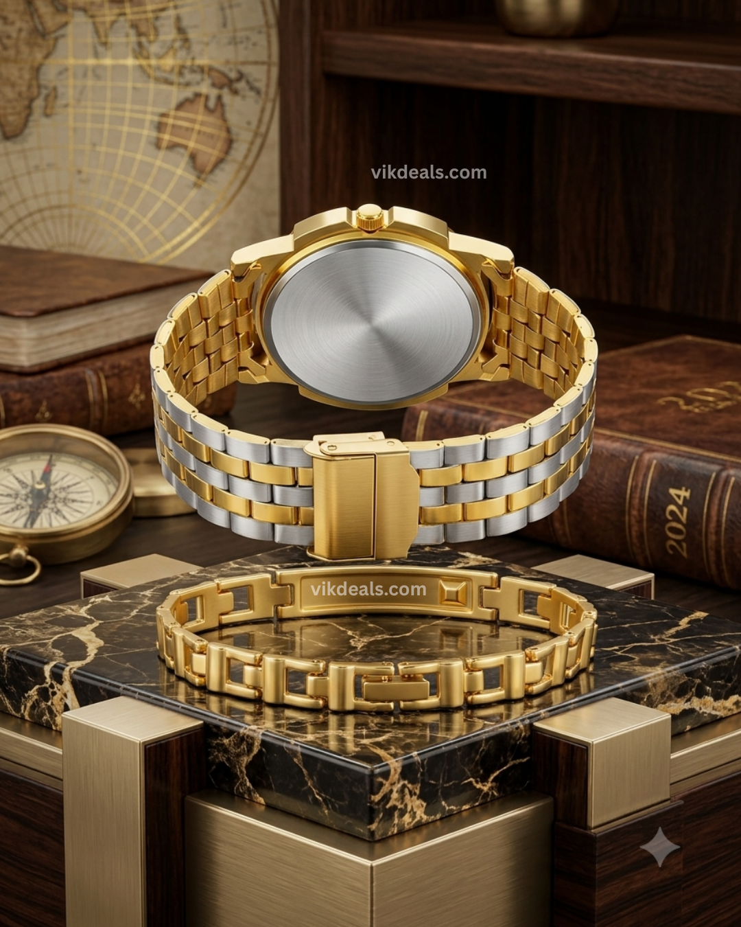 New Real Gold Silvelr Plating Watch With 12-6 Day & Date Function Working Or With FREE Her King Gold Plating Blue Stone Bracelet...
