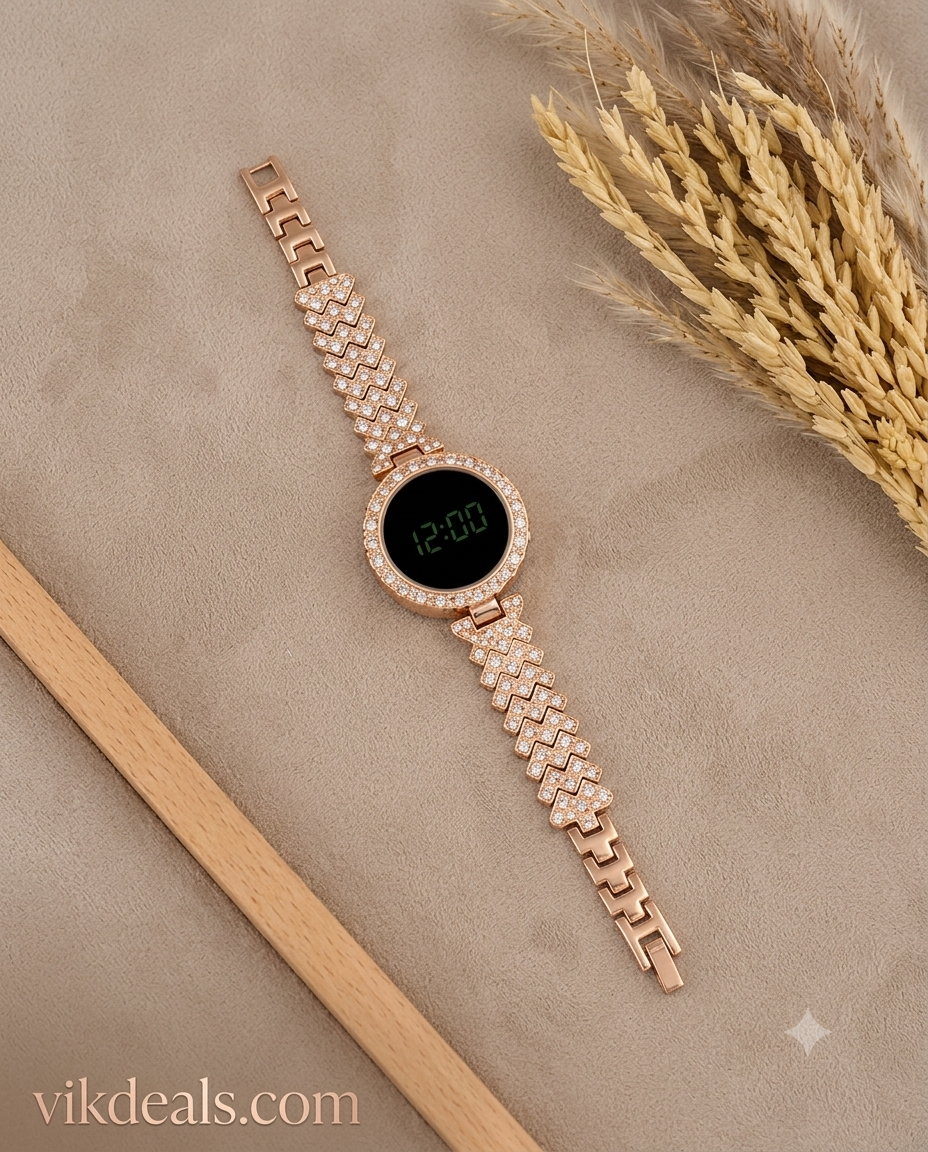 Modern luxury watch with sparkling crystal border & and comfortable strap