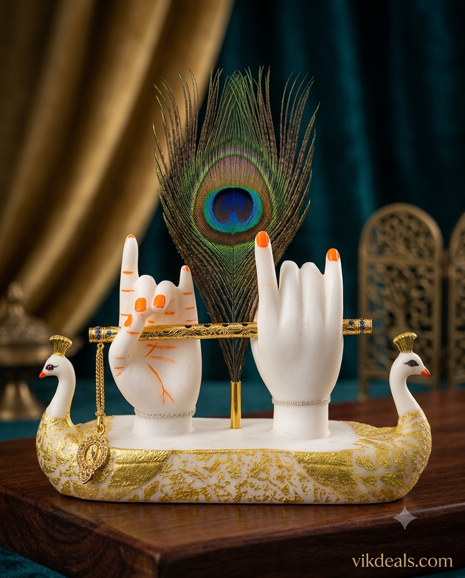 krishna hand Showpiece on peacock with metal flute