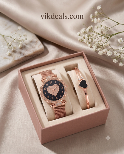 Rose Gold Megnet Watch & Heart Bracelet Gift Set..