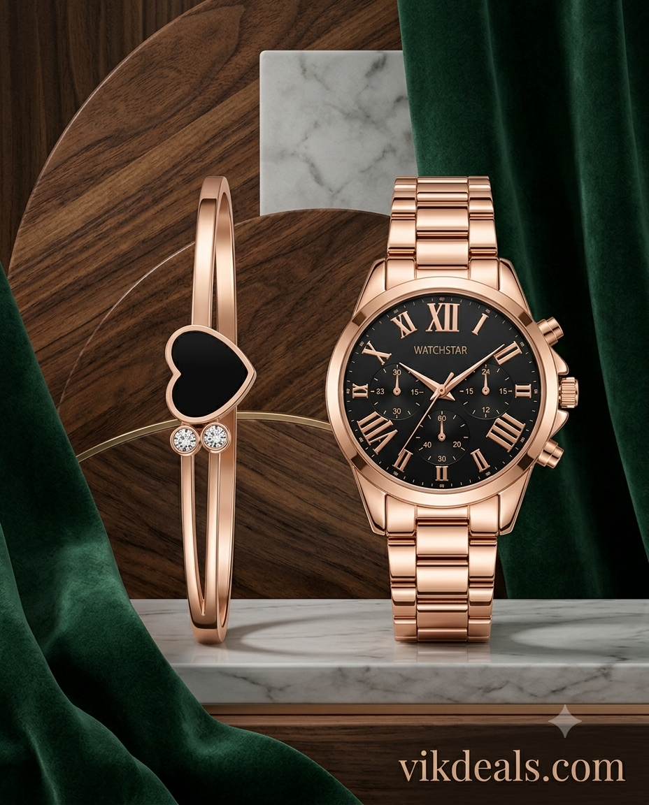 Women's Rose Gold Watch and Heart Bracelet Set..