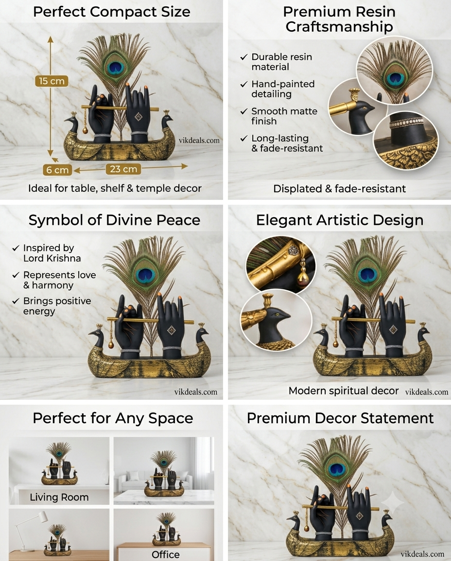 krishna hand Showpiece on peacock with metal flute