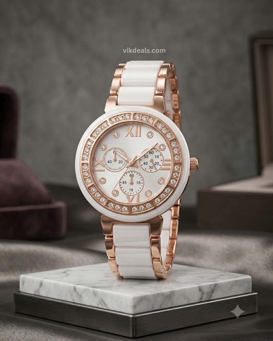 White & Black mina round dial watch for womens or girls.