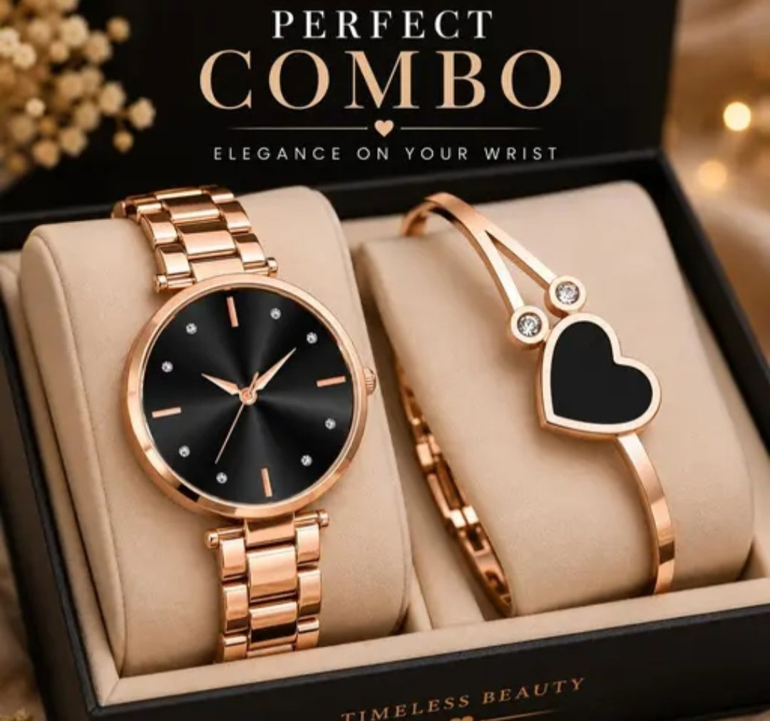 Rose Gold Watch With Heart Bracelet combo watch Analog Watch (2 set)..