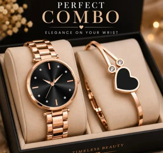 Rose Gold Watch With Heart Bracelet combo (2 set)..