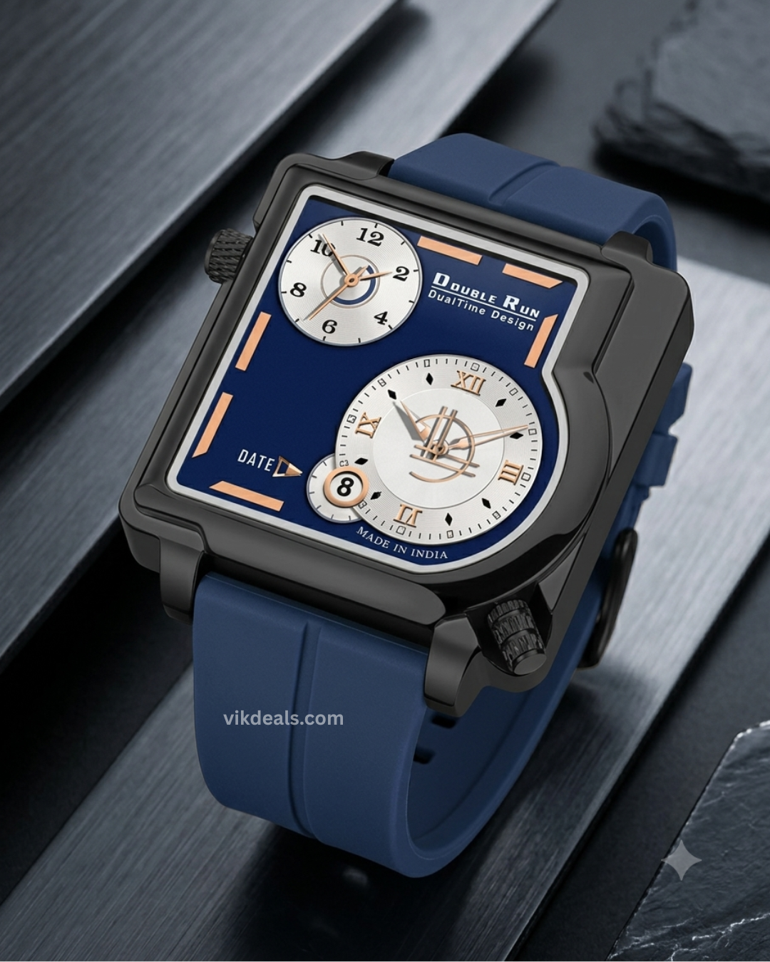 Black Squar Date & Dual Time Softest Sillicone Magnet Buckle Strap.