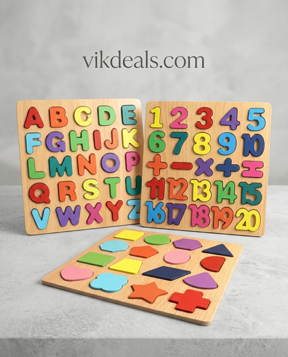 Wooden Alphabet Puzzles Numbers Count Blocks (3 Sets)