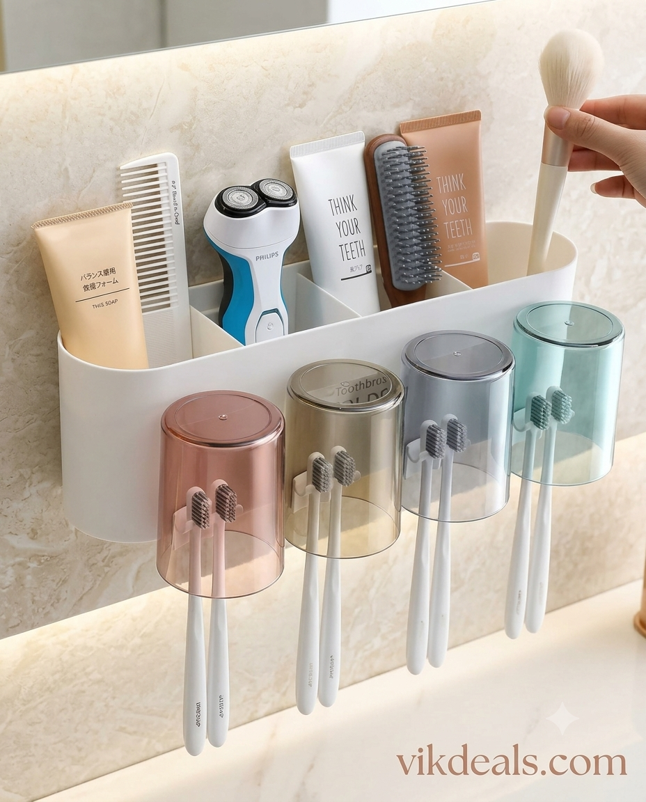 Wall Mounted Toothbrush Holder & Storage Cup