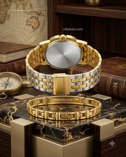 New Real Gold Silvelr Plating Watch With 12-6 Day & Date Function Working Or With FREE Her King Gold Plating Blue Stone Bracelet...