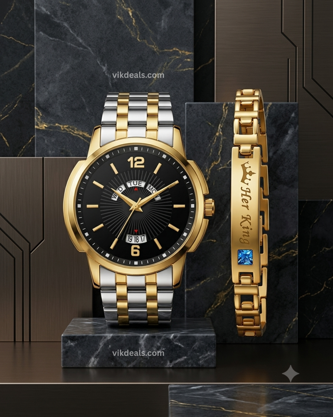 New Real Gold Silvelr Plating Watch With 12-6 Day & Date Function Working Or With FREE Her King Gold Plating Blue Stone Bracelet...