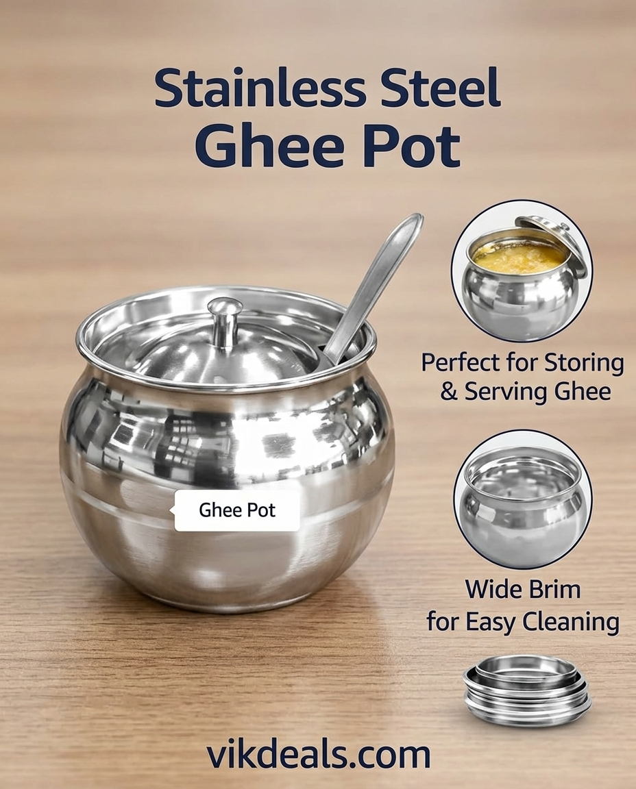 STEEL GHEE POT & Oil Container with Lid and Spoon