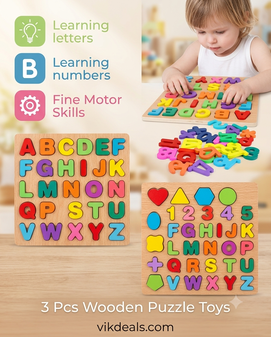 Wooden Alphabet Puzzles Numbers Count Blocks (3 Sets)