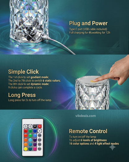 16 Color Changing Rose Crystal Diamond LED Table Lamp