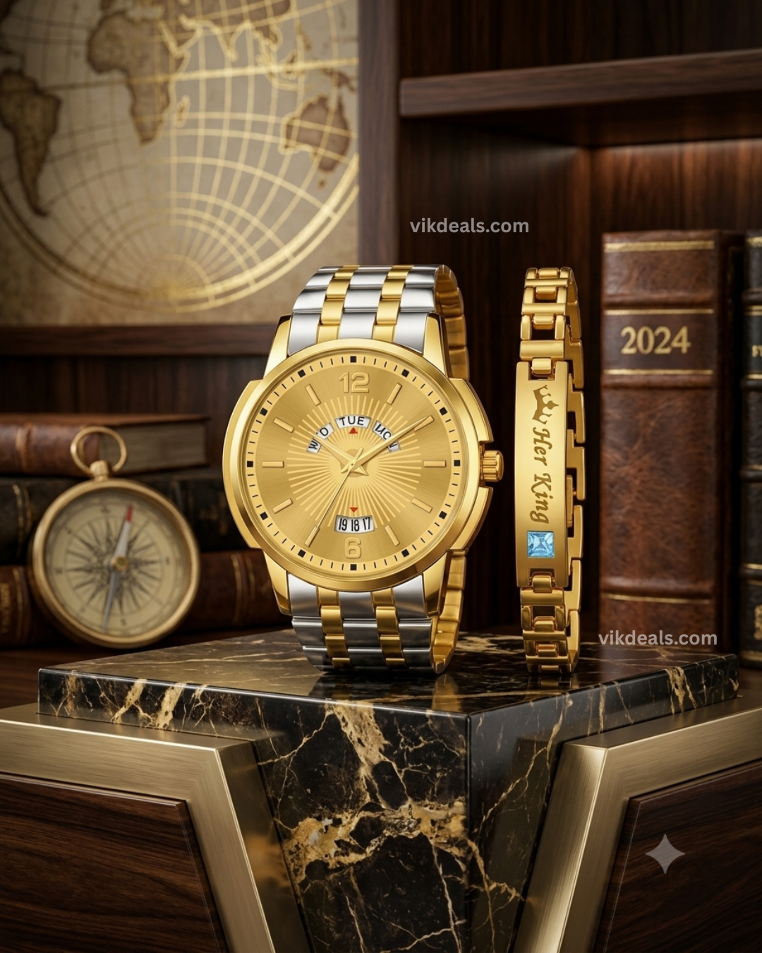 New Real Gold Silvelr Plating Watch With 12-6 Day & Date Function Working Or With FREE Her King Gold Plating Blue Stone Bracelet...