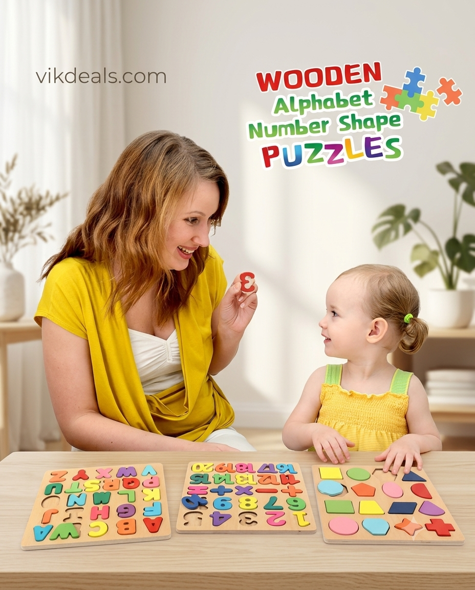 Wooden Alphabet Puzzles Numbers Count Blocks (3 Sets)
