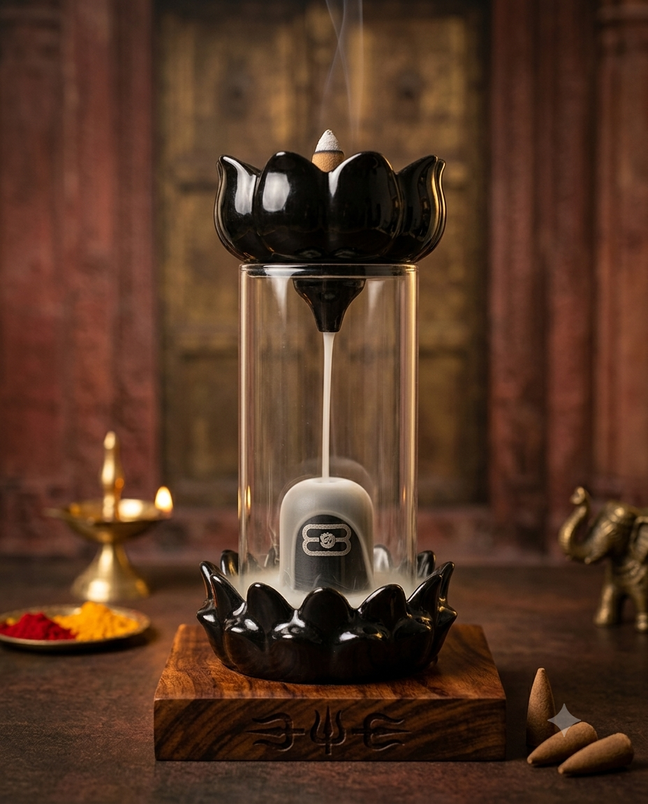 Shivling in Glass Fountain Backflow Smoke Fountain