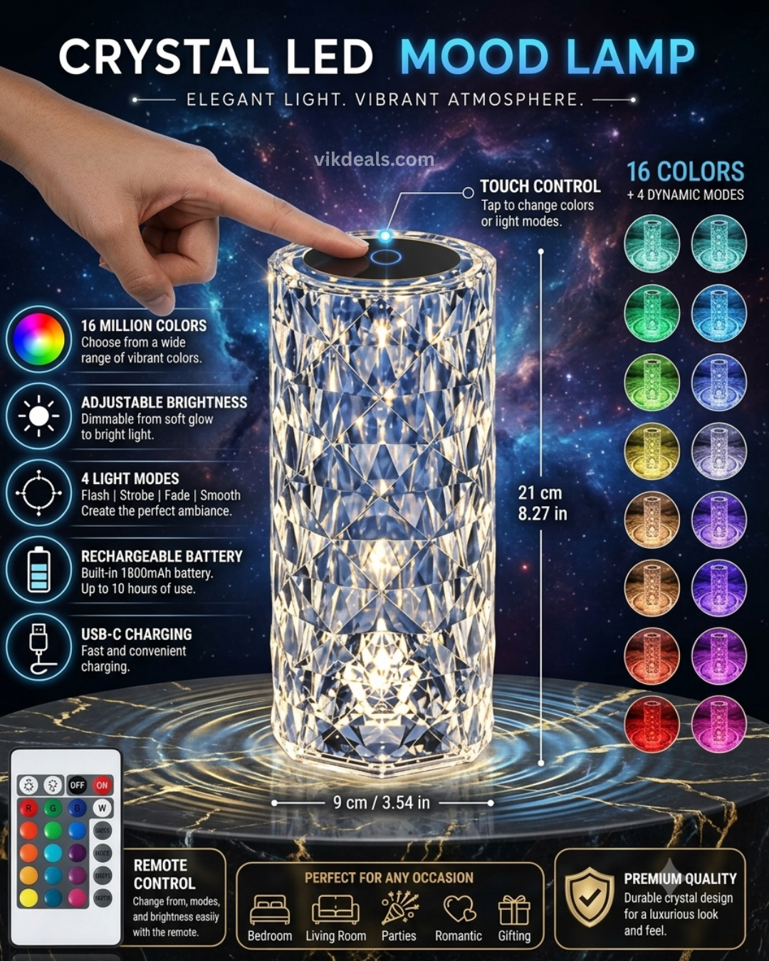 16 Color Changing Rose Crystal Diamond LED Table Lamp