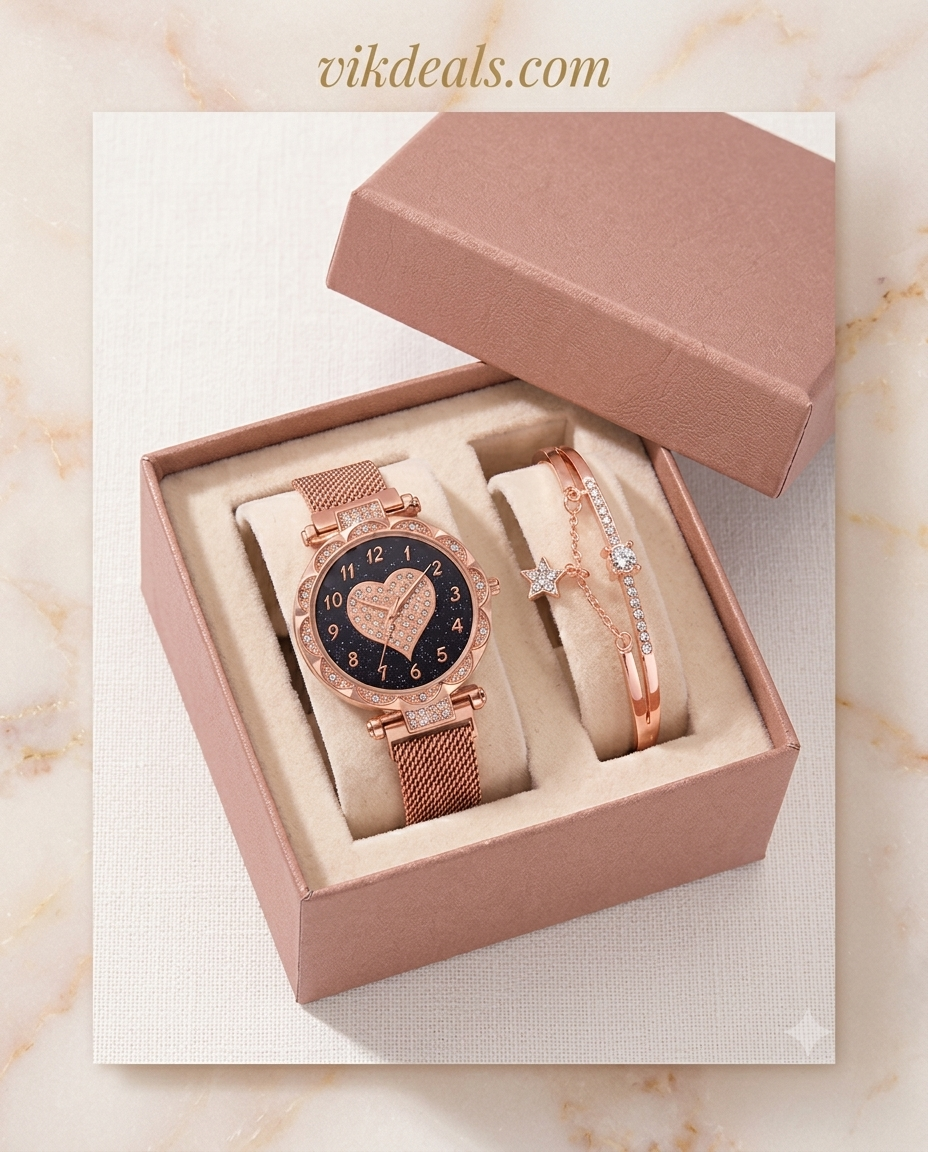 Rose Gold Megnet Watch with Crystal Star Bracelet Gift Set...