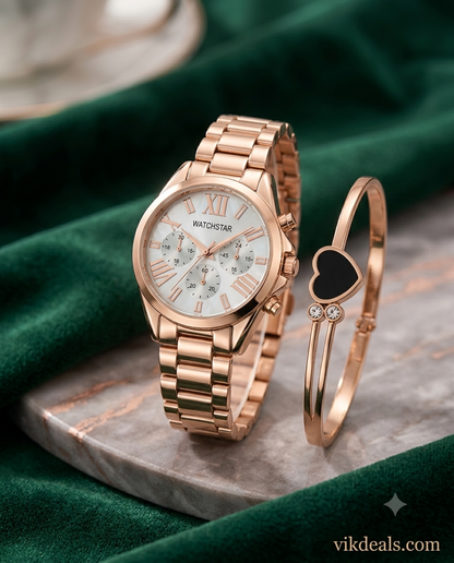 Women's Rose Gold Watch and Heart Bracelet Set..